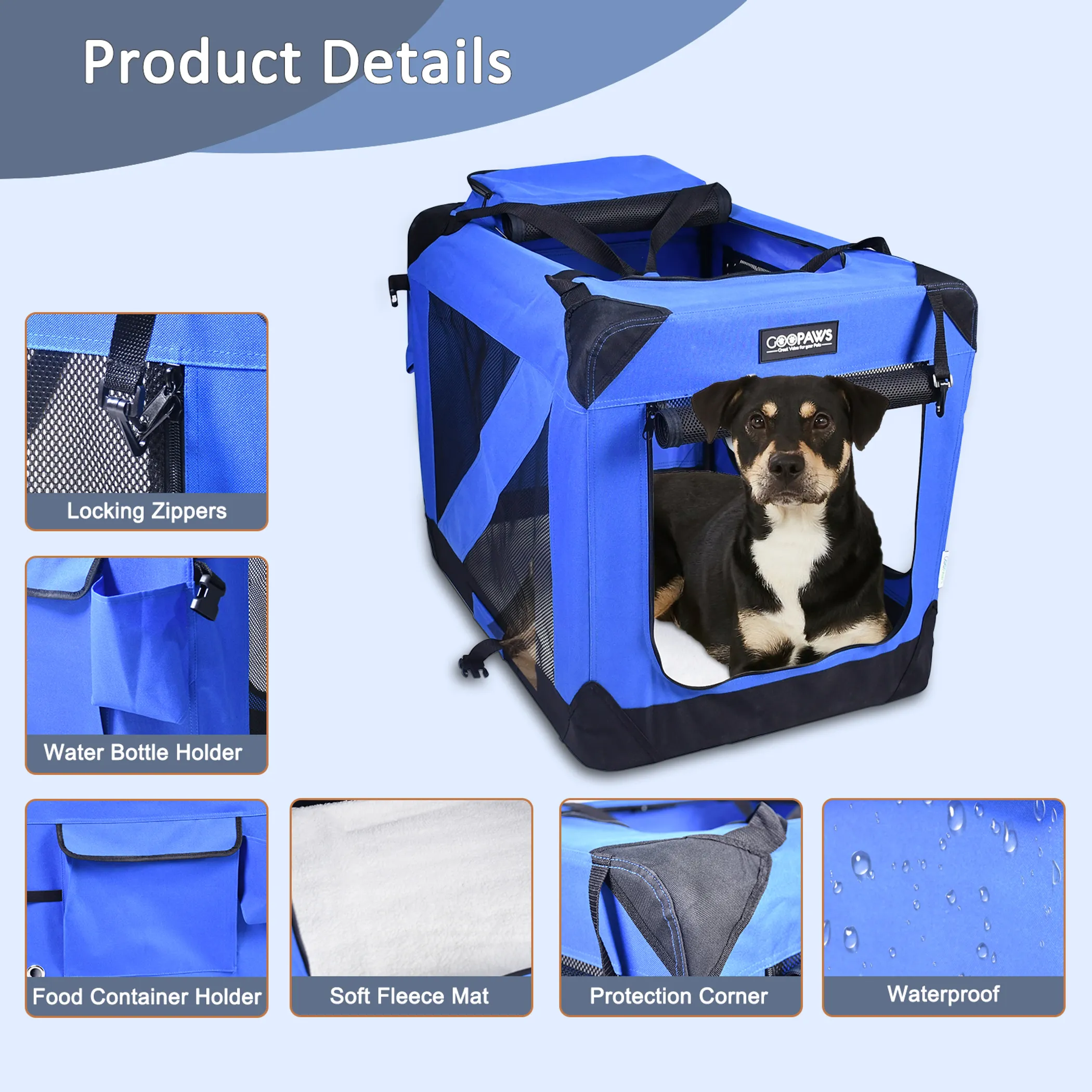 JESPET Soft Pet Crates Kennel, 3 Door Soft Sided Folding Travel Pet Carrier with Straps and Fleece Mat for Dogs, Cats, Rabbits, Indoor/Outdoor Use with Grey, Blue & Beige, Black - Image 4