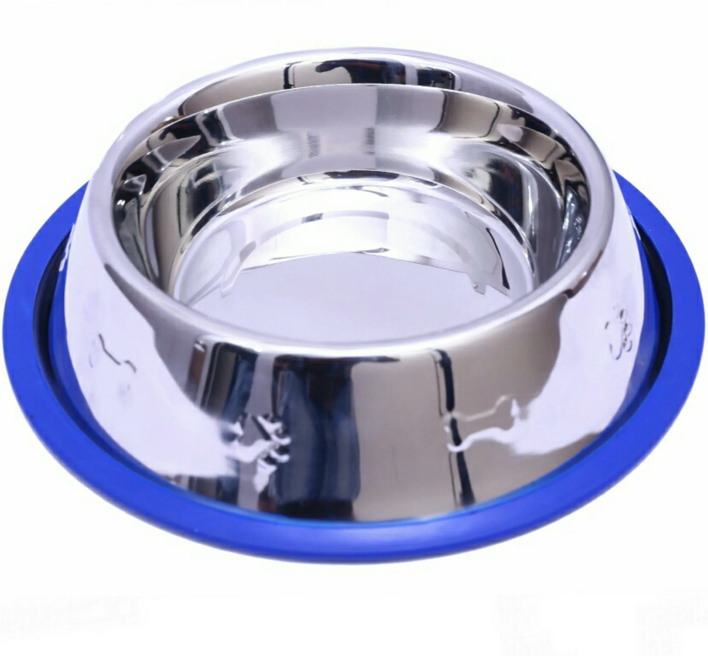 Etched Stainless Steel Dog Bowls with Blue Silicone Base - Image 2