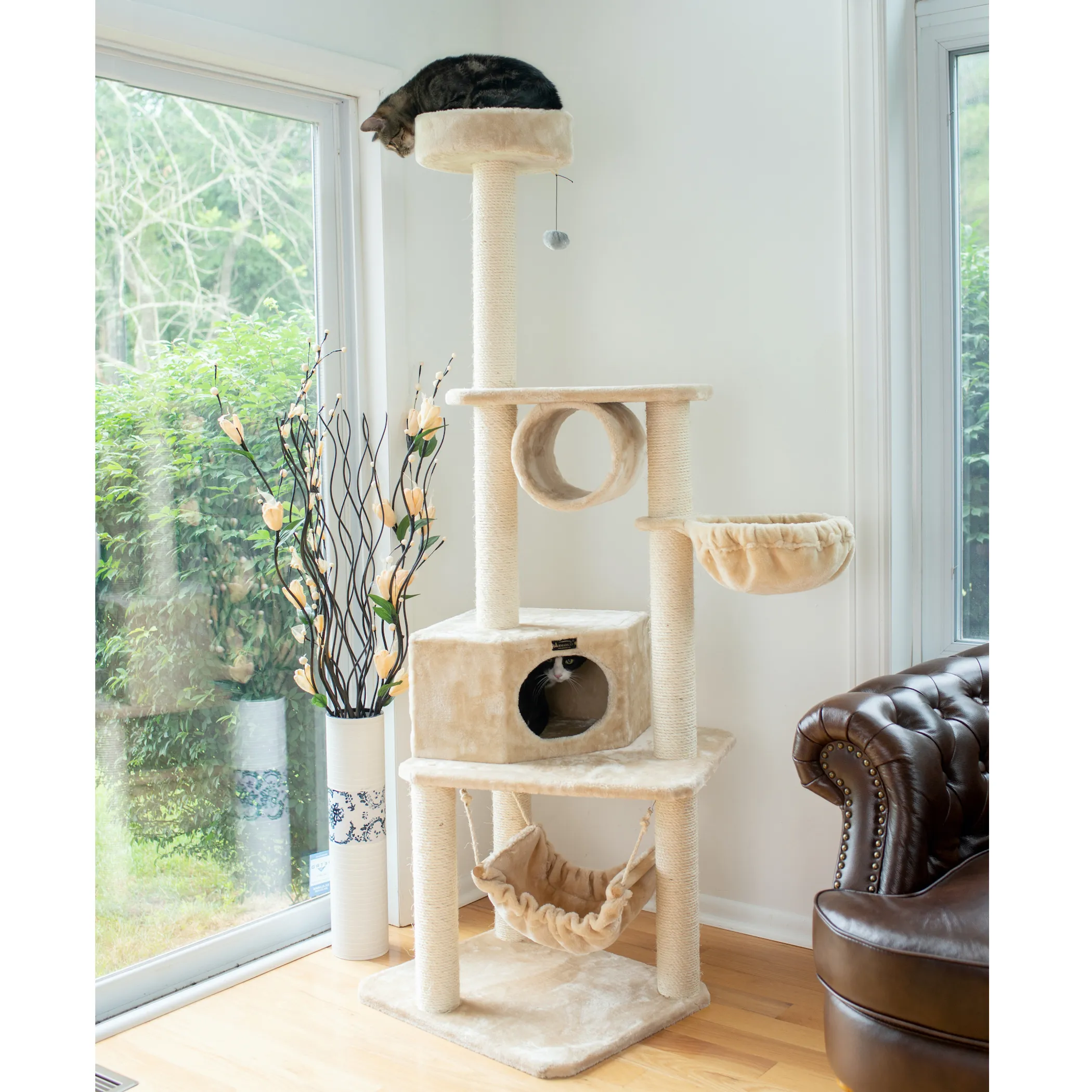 Real Wood 72" H Pet Cat Tower W Lounge Basket, Perch, A7204 - Image 3