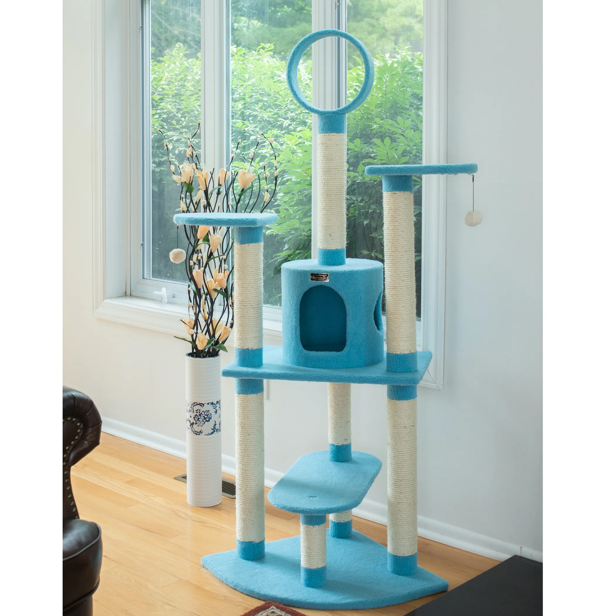Real Wood 65-Inch Classic Cat Tree In Sky Blue 5-Level Condo - Image 3