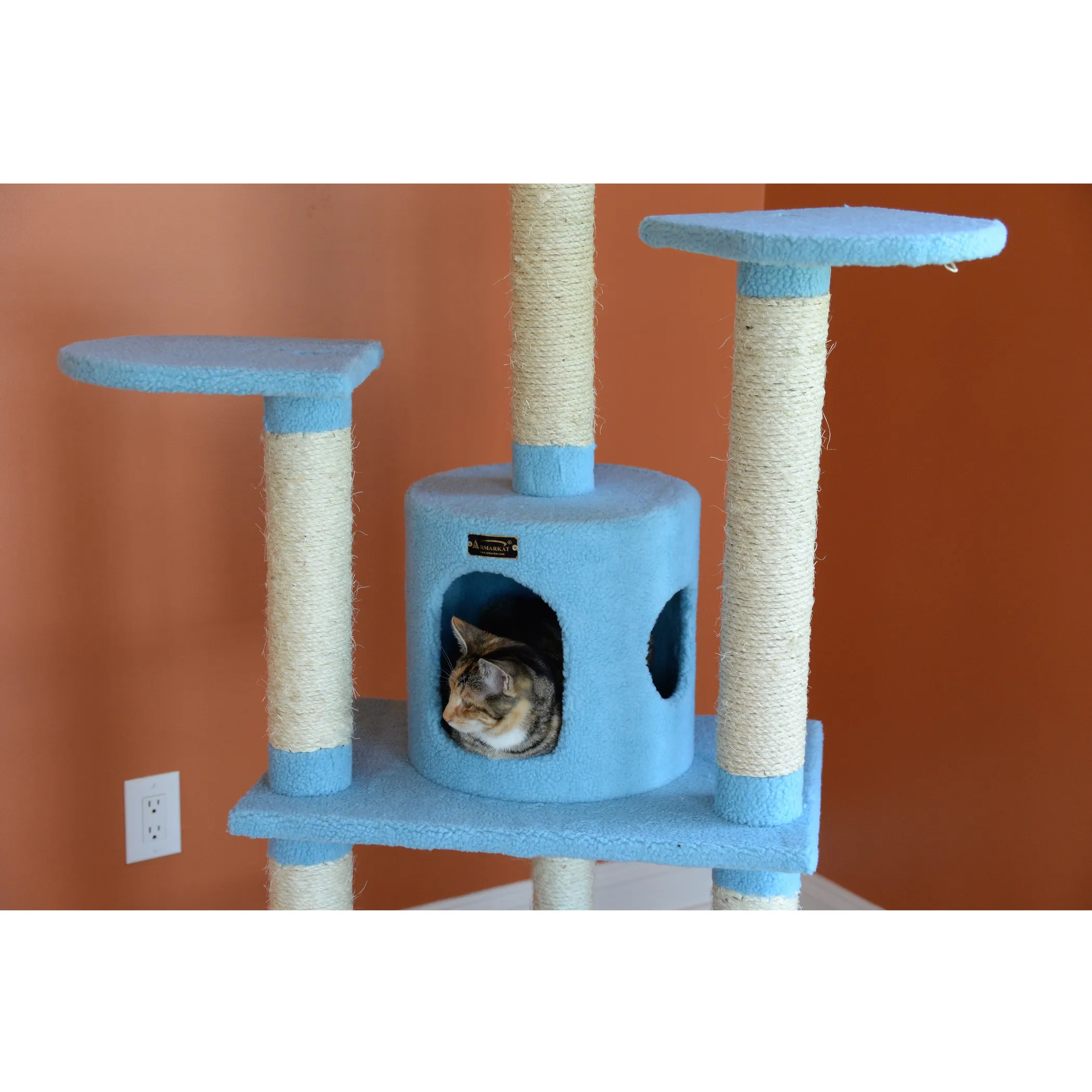 Real Wood 65-Inch Classic Cat Tree In Sky Blue 5-Level Condo - Image 5