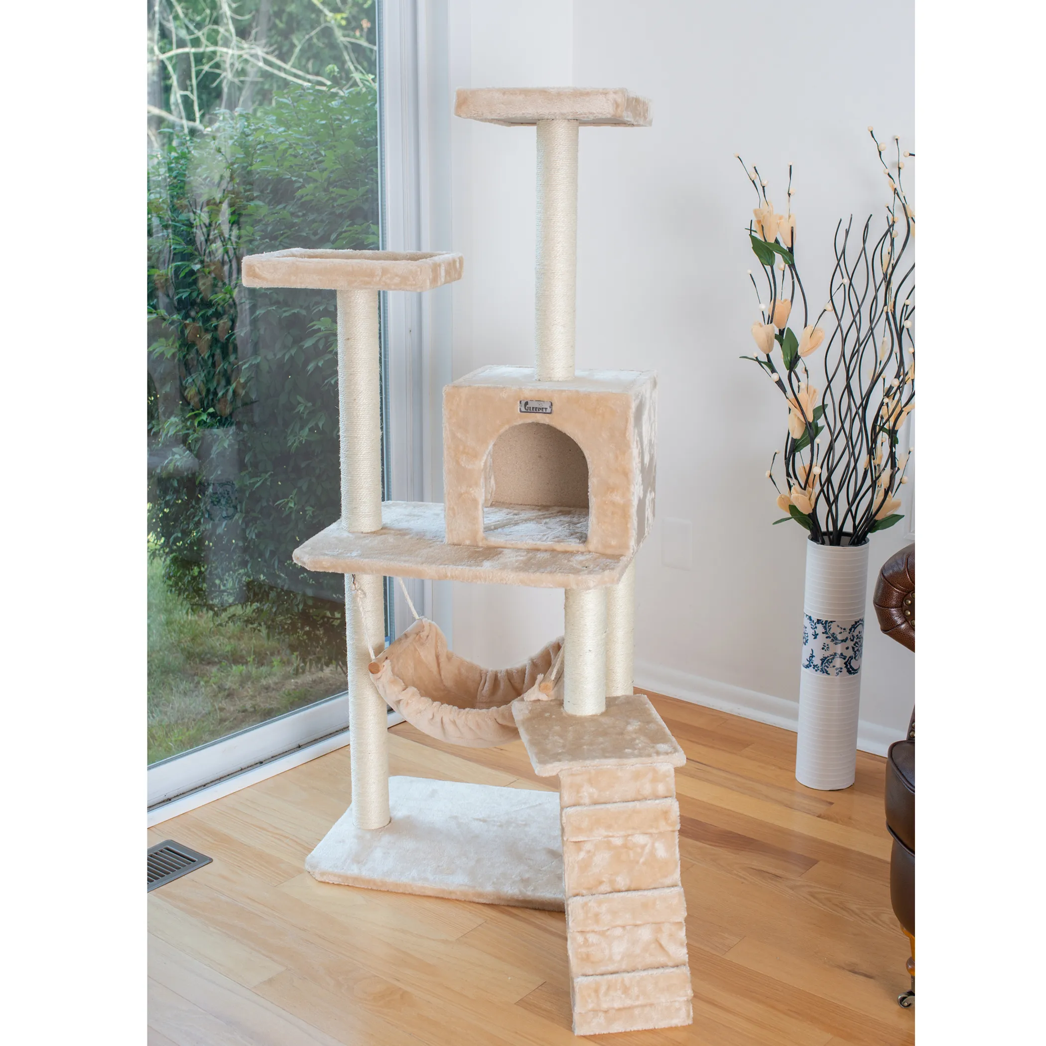 GleePet 57" H Cat Tree Beige Real Wood Cat Indoor House - Image 3