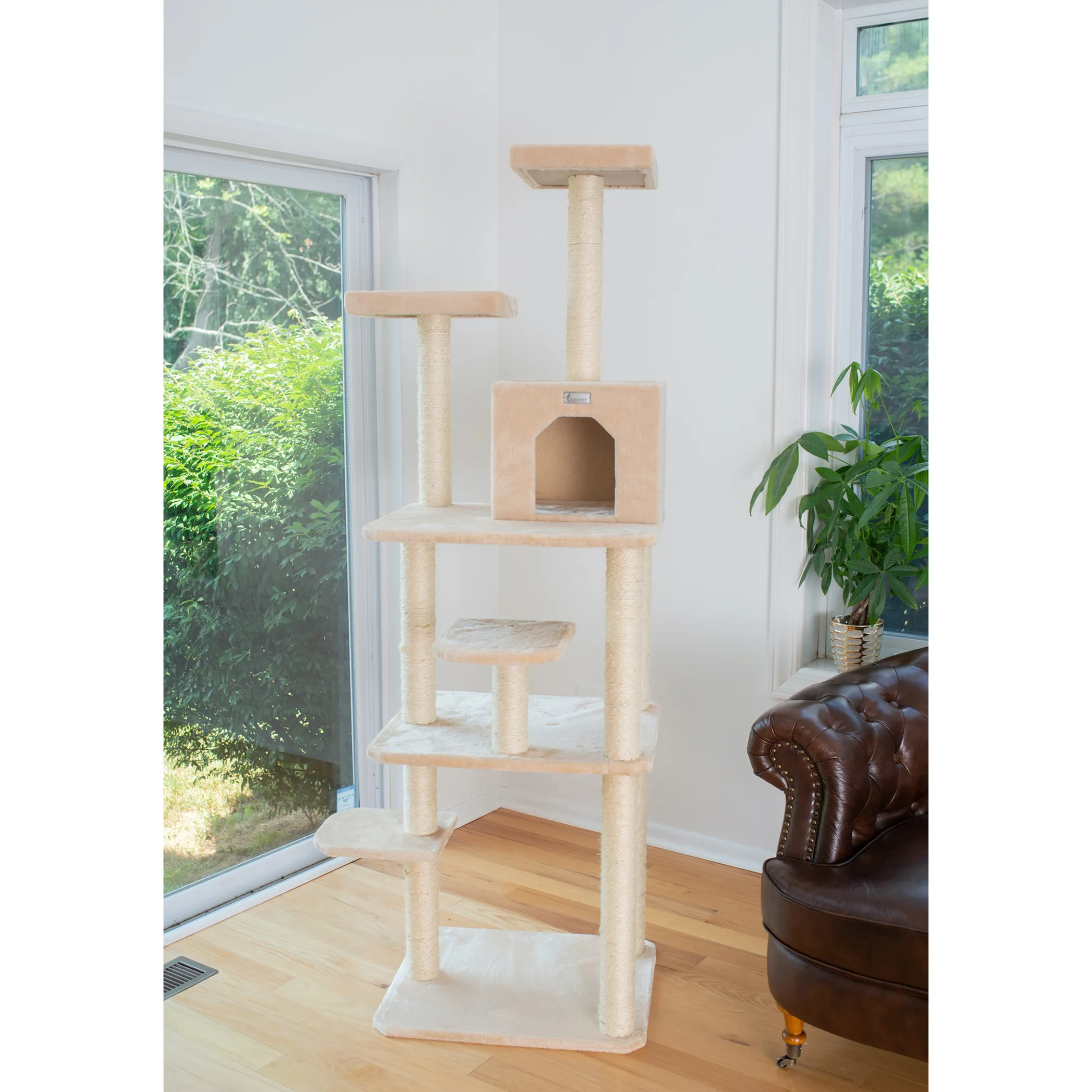 GleePet Real Wood 74-Inch Cat Tree With Seven Levels, Beige - Image 3